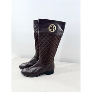 Tory Burch Melinda Quilted Metal Logo Medallion Riding Boots Brown Womens EU 41